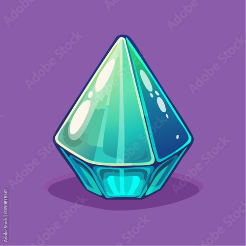 Illustration of a shiny, teal-colored crystal or gem with a pointed top and faceted base.