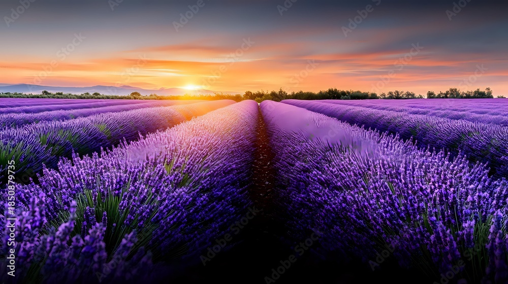 Fototapeta premium Endless rows of blooming lavender fields stretching toward golden sunset horizon. Purple flowers create natural pathways through agricultural landscape.