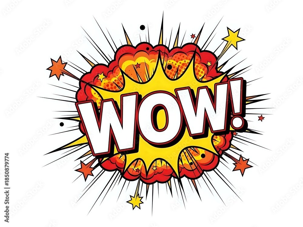 Obraz premium Comic book style WOW explosion burst with colorful stars and radiating lines on white background for pop art designs and promotional materials.
