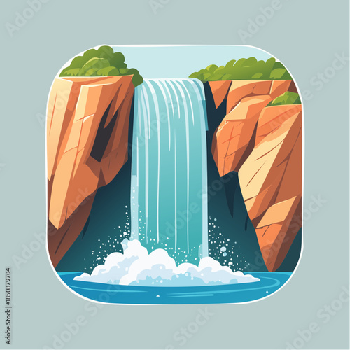 Cartoon illustration of a waterfall cascading into a pool surrounded by cliffs.
