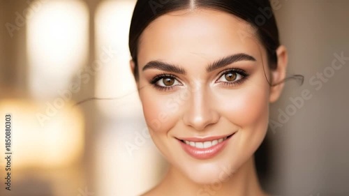 Elegant Woman Portrait with Perfect Makeup and Hairstyle Smiling Confidently in Soft Light