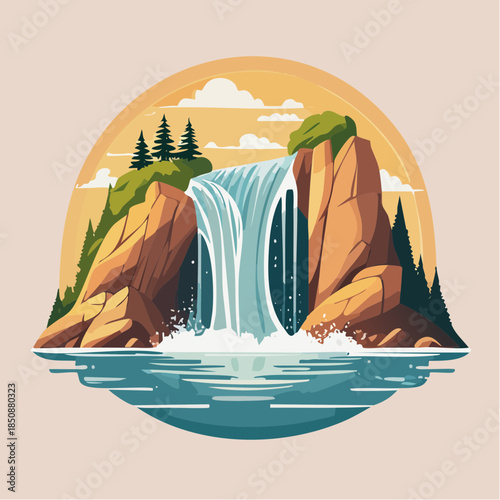 A vibrant cartoon illustration of a waterfall cascading between rocky cliffs into a serene pool.
