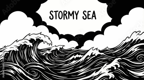 sketch of stormy sea waves with dynamic strokes, strong contrast, and dramatic motion, capturing raw ocean power and turbulent maritime energy