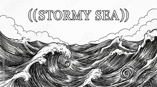 sketch of stormy sea waves with dynamic strokes, strong contrast, and dramatic motion, capturing raw ocean power and turbulent maritime energy