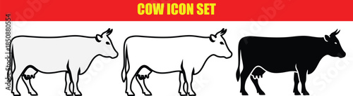 Cow icon set with black, white, and outlined cow illustrations