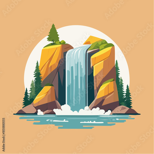 Cartoon illustration of a waterfall cascading between rocky cliffs into a pool of water.