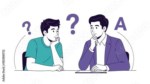 Illustration of a man and a boy engaging in a thoughtful conversation with question marks and an