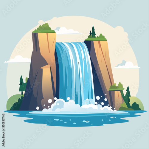 Cartoon illustration of a waterfall cascading between rocky cliffs into a pool of water.