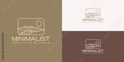 Minimalist Luxury Logo Symbol Desert Landscape and Sun Line Art Style Vector Design Template