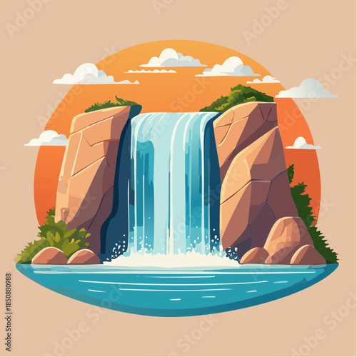 Cartoon illustration of a waterfall cascading into a pool, flanked by rocky cliffs and set against a sunset.