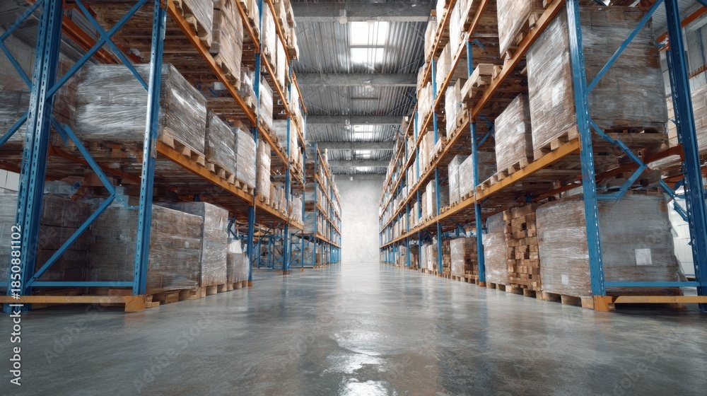 custom made wallpaper toronto digitalVast warehouse interior features tall shelves lined with pallets stacked high. The organized layout highlights a clean and efficient storage area. Soft lighting enhances the sense of spaciousness