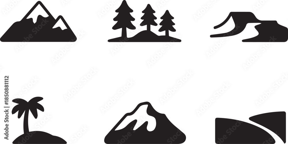 Fototapeta premium Set of mountain icons, black and white vector illustration of peaks and landscapes, isolated symbols for nature, travel, hiking, and outdoor concepts