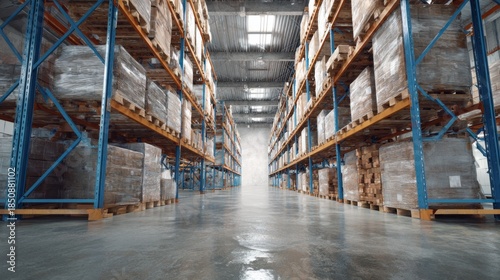 Vast warehouse interior features tall shelves lined with pallets stacked high. The organized layout highlights a clean and efficient storage area. Soft lighting enhances the sense of spaciousness