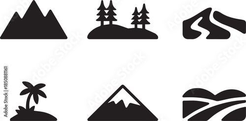 Set of mountain icons, black and white vector illustration of peaks and landscapes, isolated symbols for nature, travel, hiking, and outdoor concepts