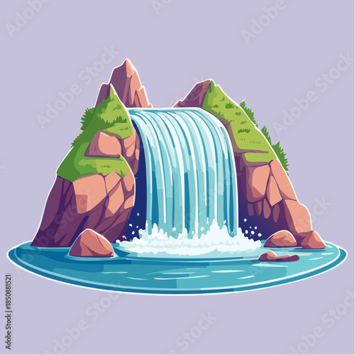 Cartoon illustration of a waterfall cascading between rocky cliffs into a pool of water.