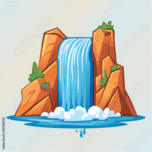 Cartoon waterfall cascading between rocky cliffs into a pool of water.