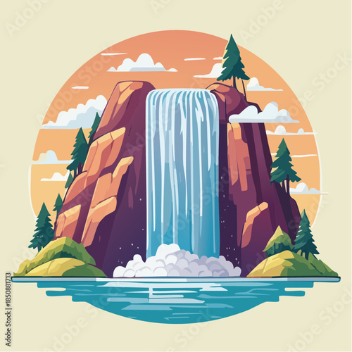 Cartoon illustration of a waterfall cascading down a rocky cliff into a pool of water.