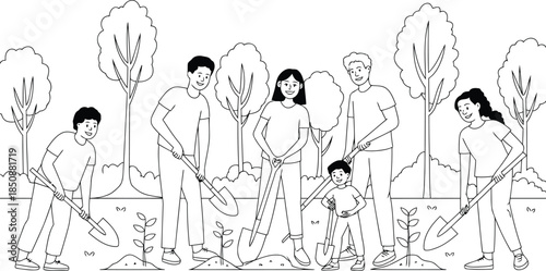 Simple Outline Illustration Showing Community Tree Planting and Green Future Idea