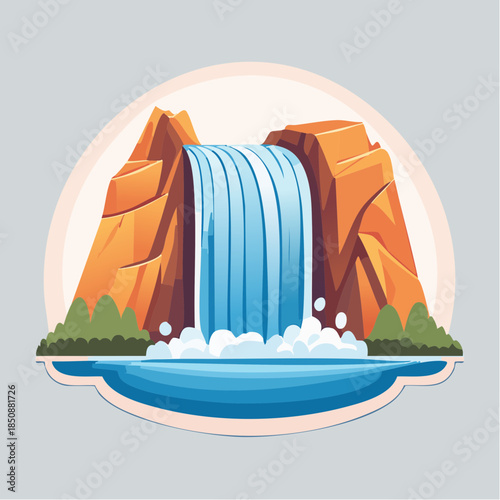 Cartoon illustration of a waterfall cascading between rocky cliffs into a pool of water.