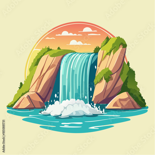 A vibrant cartoon illustration of a waterfall cascading between rocky cliffs, set against a colorful sunset backdrop.