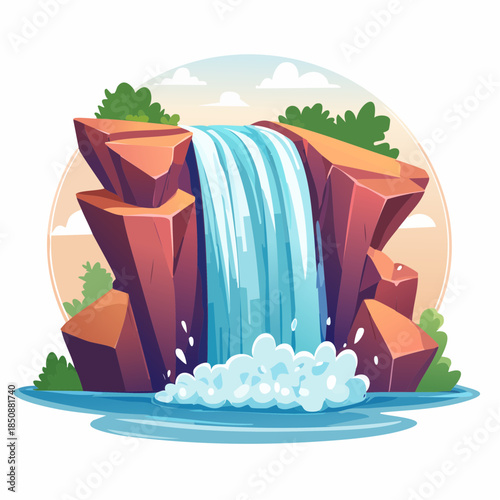 Cartoon waterfall cascading between red rocks into a pool of water.