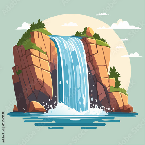 Cartoon illustration of a waterfall cascading down rocky cliffs into a pool of water.
