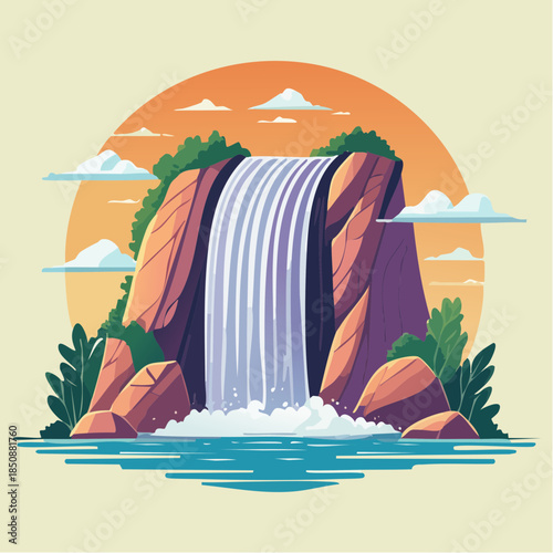Cartoon illustration of a waterfall cascading over rocks into a pool of water, set against a sunset.