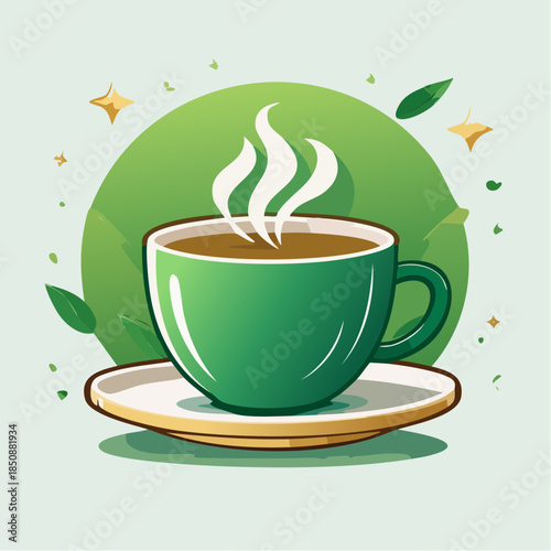 Illustration of a green teacup with steam on a saucer against a green background.