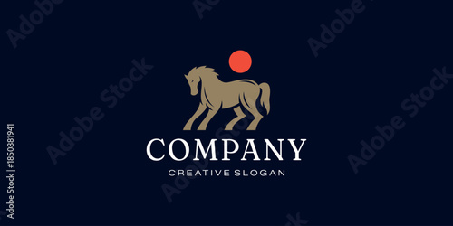 Elegant Horse Silhouette Premium Logo with Minimalist Red Sun for Modern Business Identity Vector Design