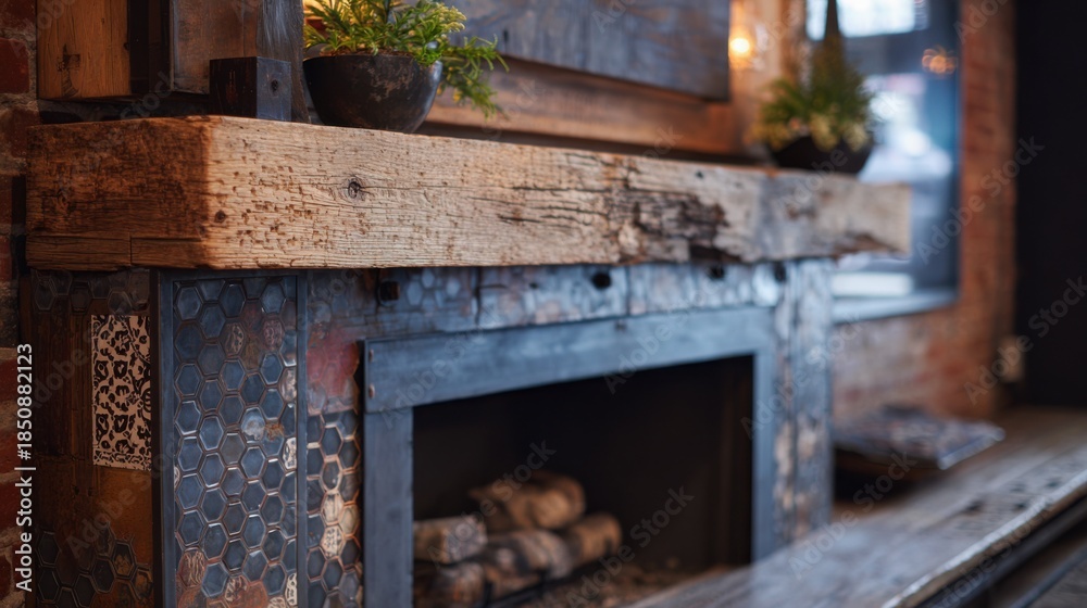 Obraz premium Medium shot of a mixedmaterial fireplace mantel replacement combining metal accents with reclaimed wood illustrating an industrial yet warm updated hearth.
