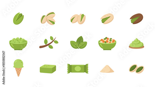 A collection of pistachio nuts and various pistachio-flavored products, including ice cream, paste, and snacks, presented as flat vector icons.