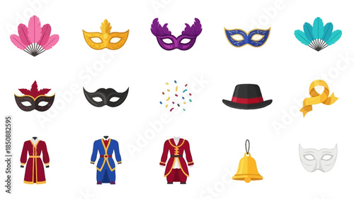 A collection of colorful carnival and masquerade party accessories including various masks, costumes, fans, a hat, a scarf, confetti, and a bell.