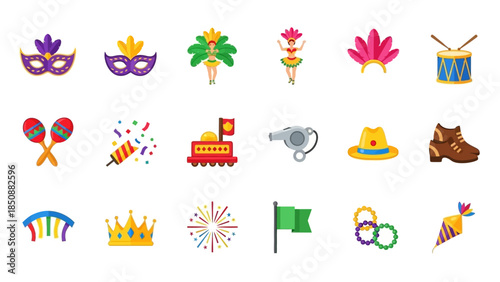 A collection of colorful carnival and Mardi Gras celebration icons, including masks, costumes, musical instruments, and festive decorations.