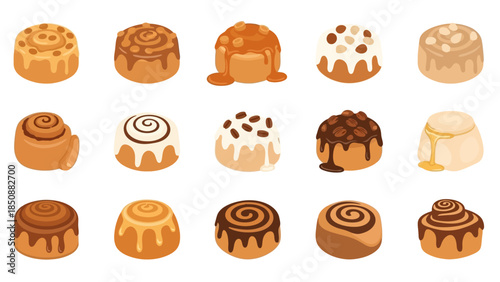 A collection of various delicious cinnamon rolls with different sweet glazes and toppings, presented in a grid.