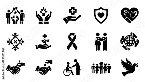 A collection of black and white icons representing charity, community, healthcare, support, and social responsibility.