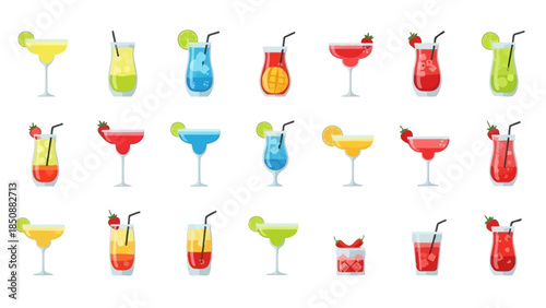 A collection of various colorful alcoholic and non-alcoholic cocktails and mixed drinks in different glasses, garnished with fruit.