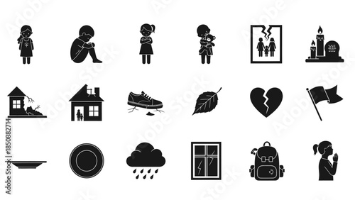 A collection of black silhouette icons representing themes of sadness, loss, grief, poverty, natural disasters, and social issues.