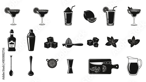 Black and white icons of various cocktail drinks, bar tools, and ingredients for mixology and beverage preparation.