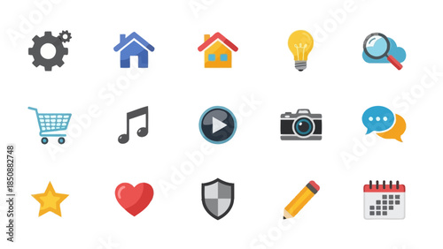 A collection of various flat design icons representing common digital interface functions and concepts.