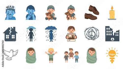 A collection of icons depicting the impact of war and conflict on people, especially children, and symbols of peace and hope.