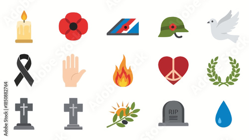 A collection of remembrance, peace, and war-related icons including poppies, gravestones, doves, and military symbols.