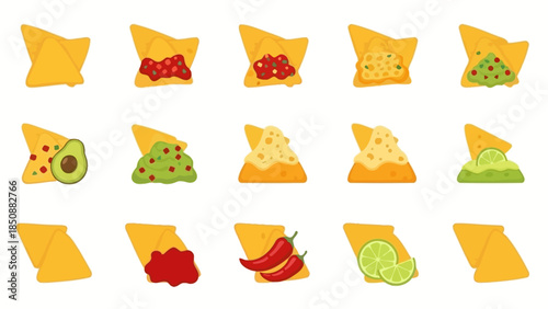 Collection of nacho chips with various toppings and ingredients in a flat vector style.