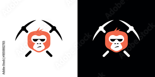 Cool Gorilla Head Symbol Icon Mascot Wearing Sunglasses with Two Mining Tools Template Vector