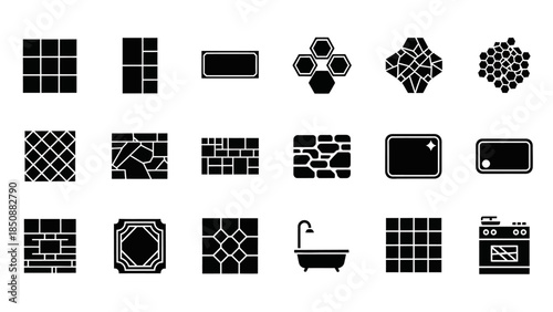 A comprehensive set of black and white icons depicting various tile patterns, flooring designs, and home interior elements like a bathtub and stove.