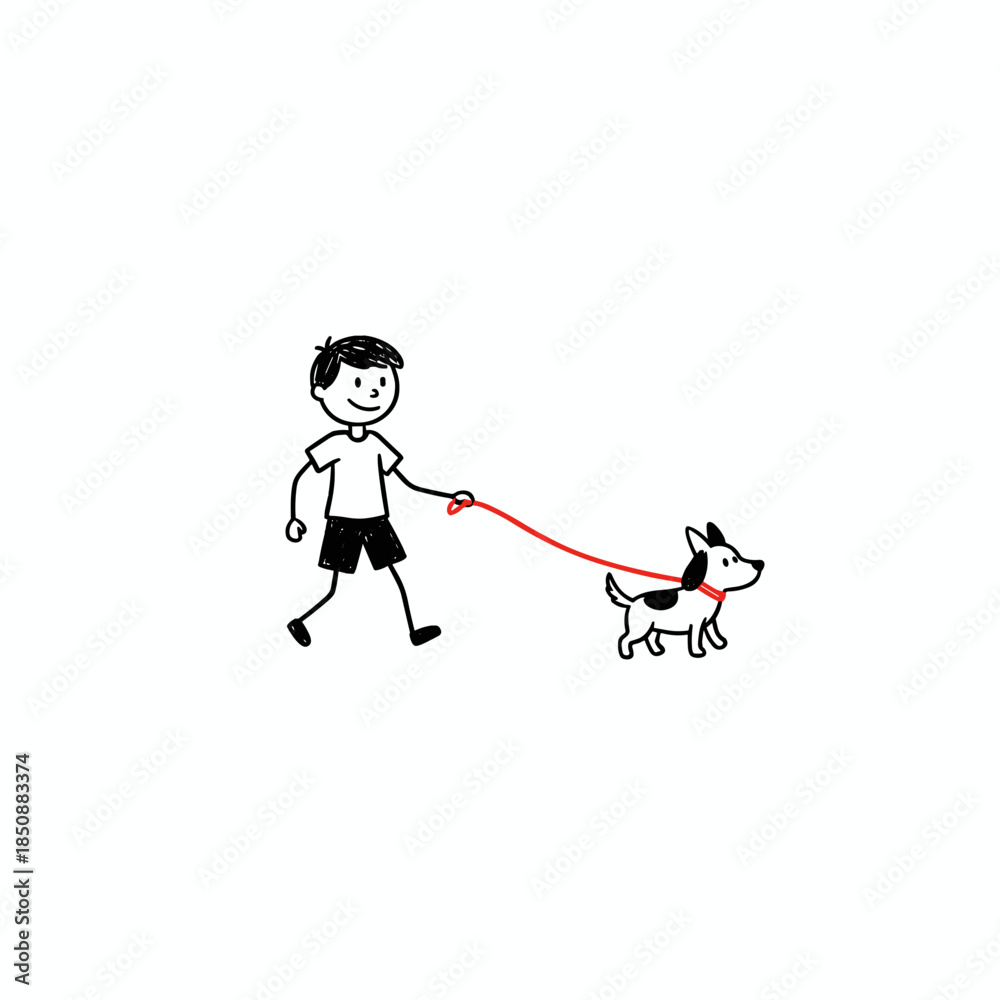 Fototapeta premium Stick boy walks his dog on a leash