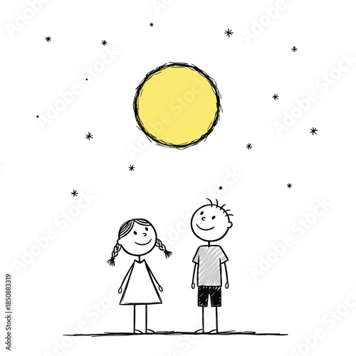 Children looking at stars and moon in a night sky illustration  