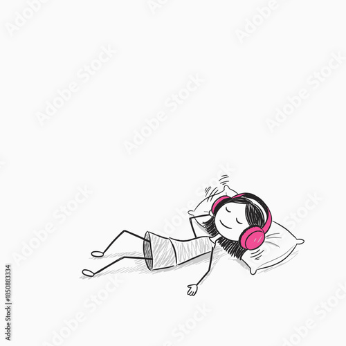 Girl relaxing while listening to music with headphones on pillow  