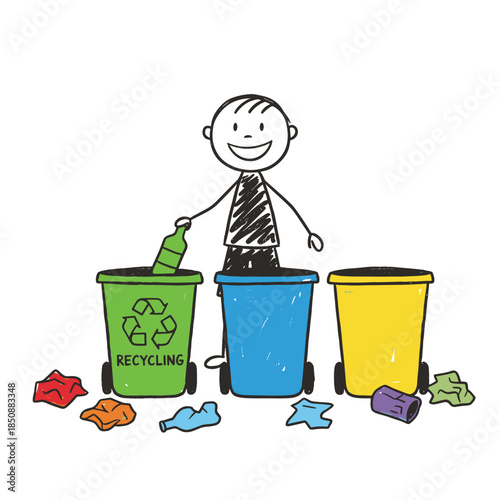 Happy child recycling bottle into green bin with colorful trash nearby  