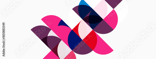 Abstract geometric shapes overlap, creating dynamic composition. Pink, purple, navy hues dominate white background. Modern design.