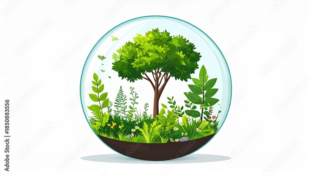 Fototapeta premium Ethereal garden growing inside a glass sphere. vector flat design and isolated on wh